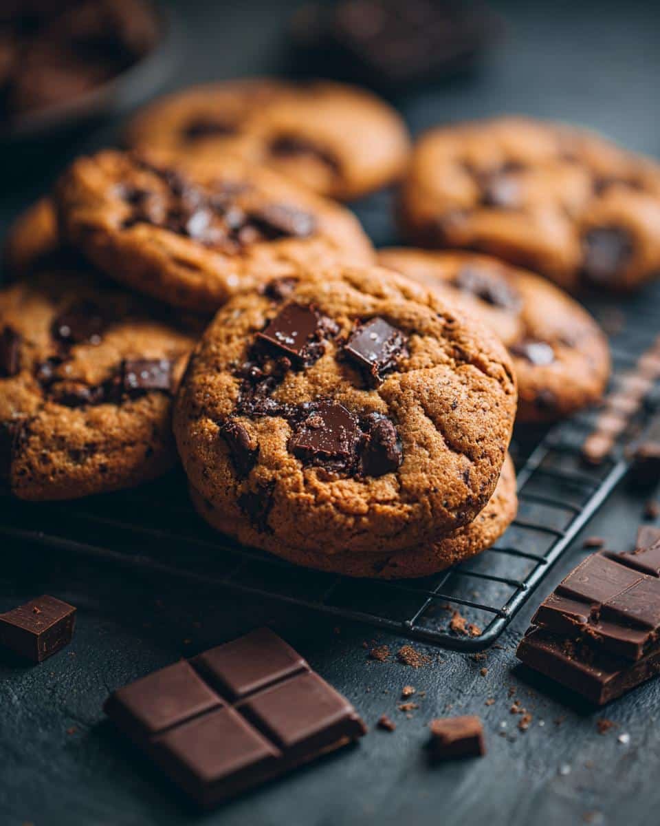 Chocolate Chip Cookies: Stop Ruining Batch #2, It's Easy 9 Close-up of warm chocolate chip cookies cooling on a wire rack with chocolate chunks.