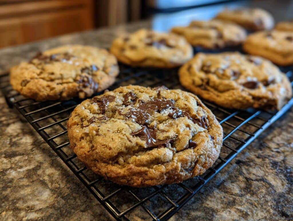 Close-up of homemade chocolate chip cookies cooling on a wire rack, sprinkled with sea salt.