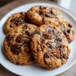 A plate of freshly baked chocolate chip cookies, topped with chocolate chunks and nuts.