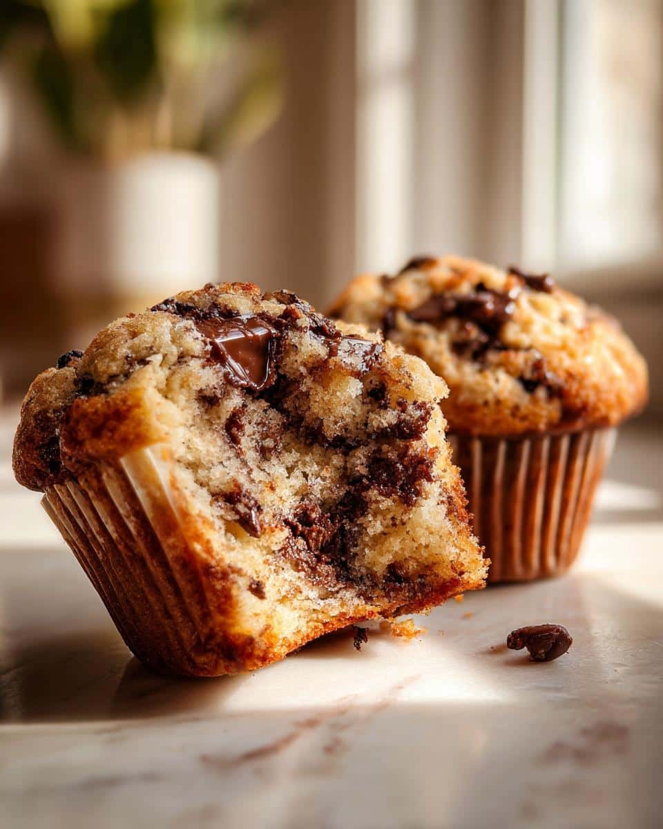 Chocolate Chip Muffins: Nailed it in Under 60 Minutes 9 Close-up of a chocolate chip muffin, split open to show the chocolate chips inside. Another muffin is in the background.