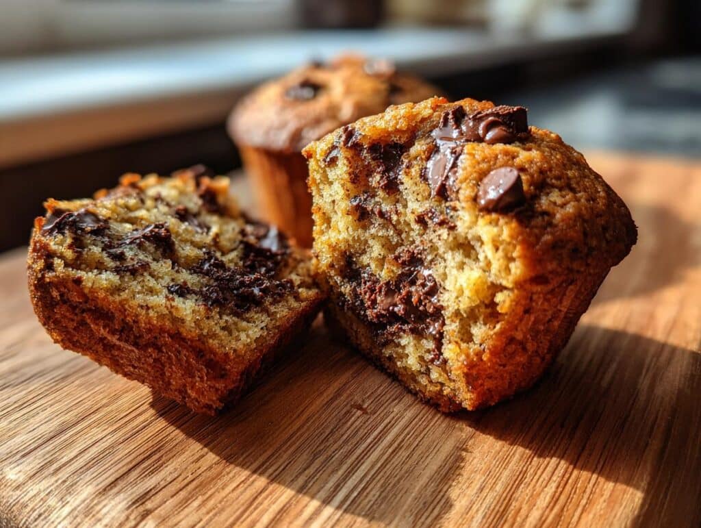 A close-up of chocolate chip muffins, one cut open to show the chocolate chips inside.