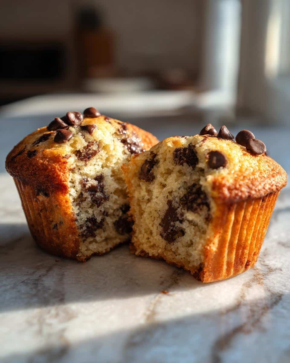 Chocolate Chip Muffins: Nailed it in Under 60 Minutes 6 Two chocolate chip muffins, one cut in half, showing the inside texture and melted chocolate chips.