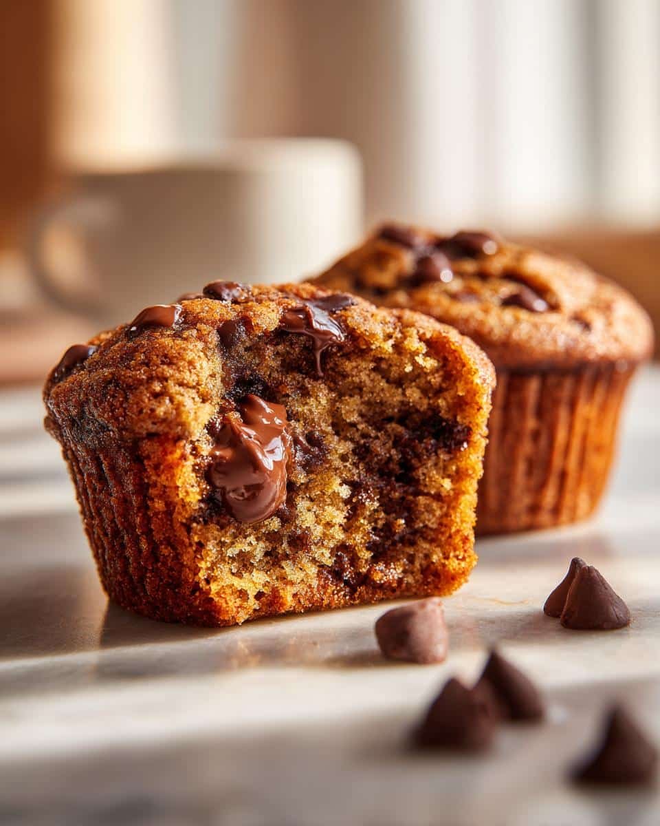 Chocolate Chip Muffins: Nailed it in Under 60 Minutes 7 Close-up of a halved chocolate chip muffin with melted chocolate, alongside a whole muffin.
