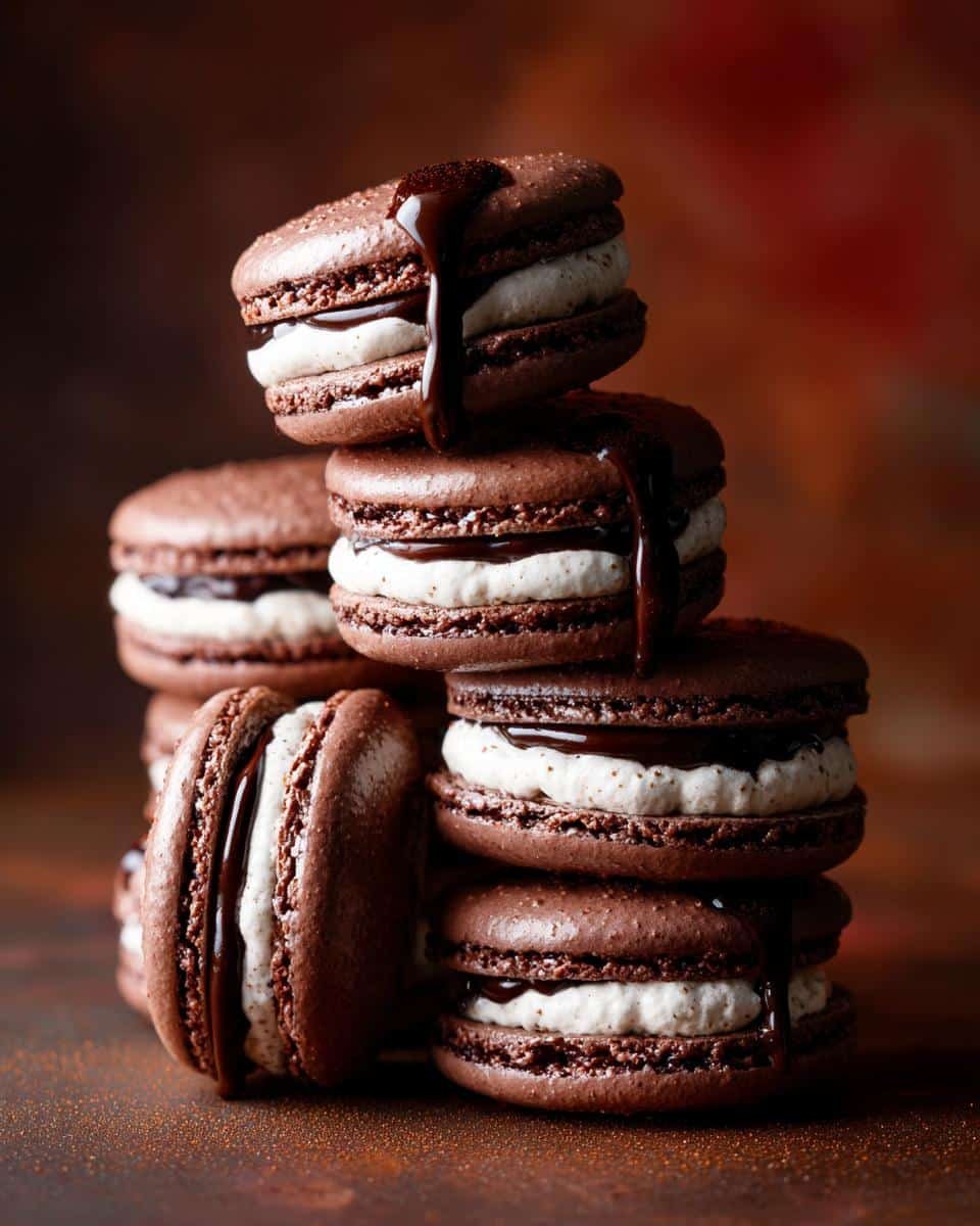 Fail-Proof Macarons: 1 Unforgivable Mistake to Avoid 8 Stack of chocolate macarons with white filling and chocolate drizzle. Perfect macarons recipe.