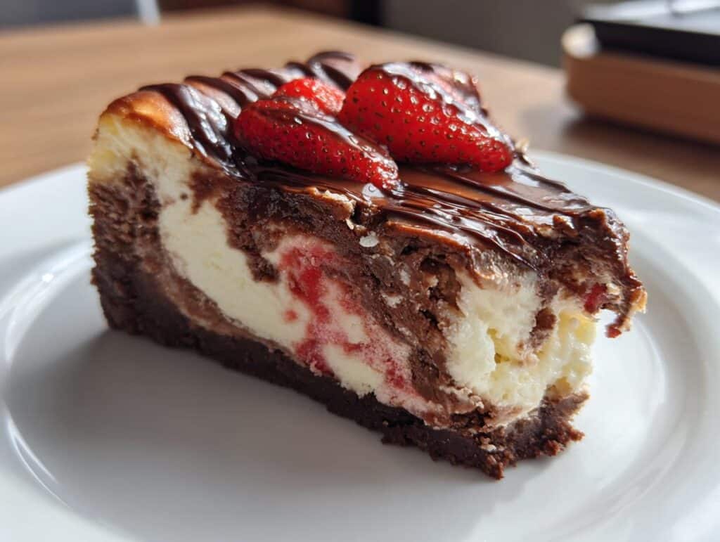 A slice of Chocolate Strawberry Swirl Cheesecake topped with chocolate drizzle and fresh strawberries.