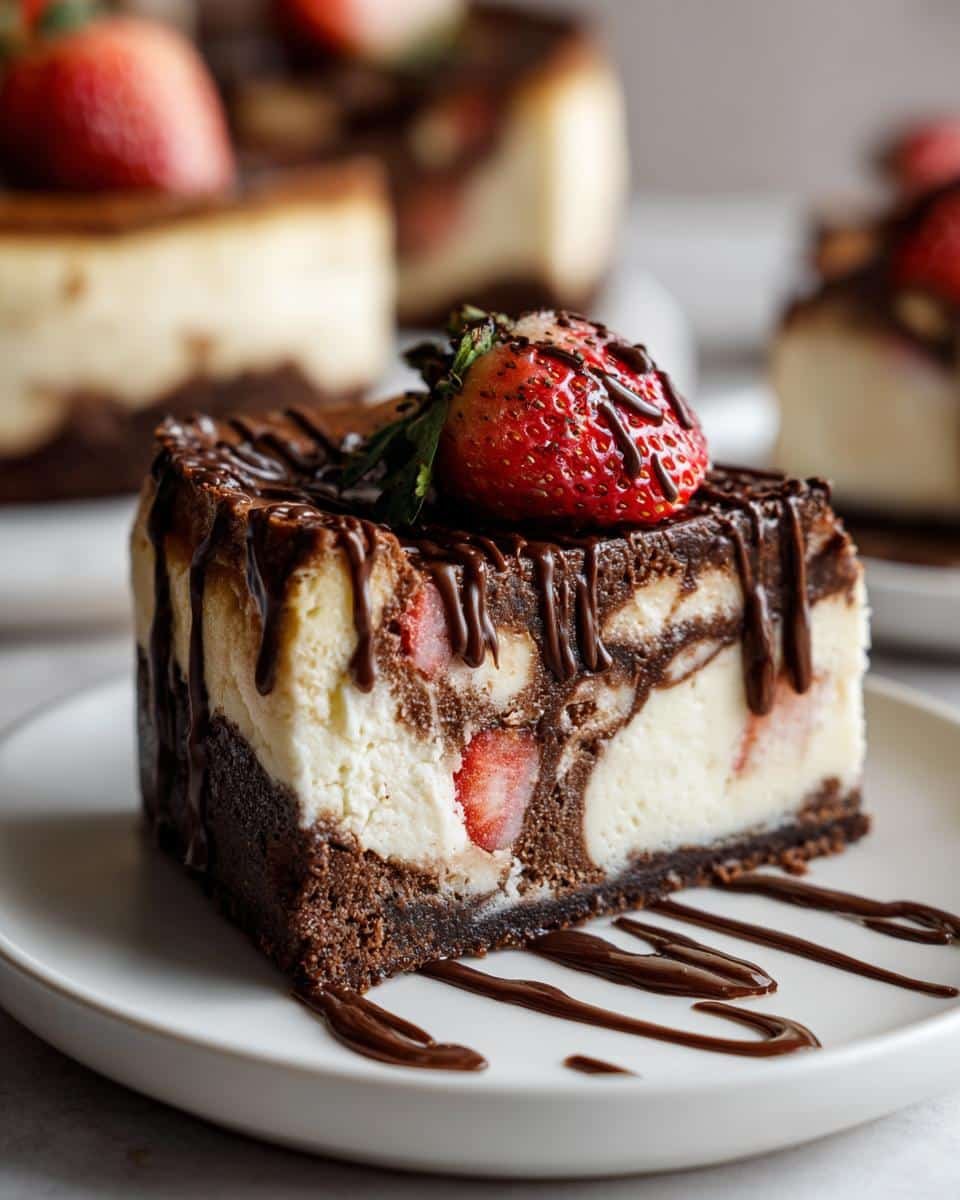 Chocolate Strawberry Swirl Cheesecake: Sinful Recipe 6 A decadent slice of Chocolate Strawberry Swirl Cheesecake topped with chocolate drizzle and a fresh strawberry.