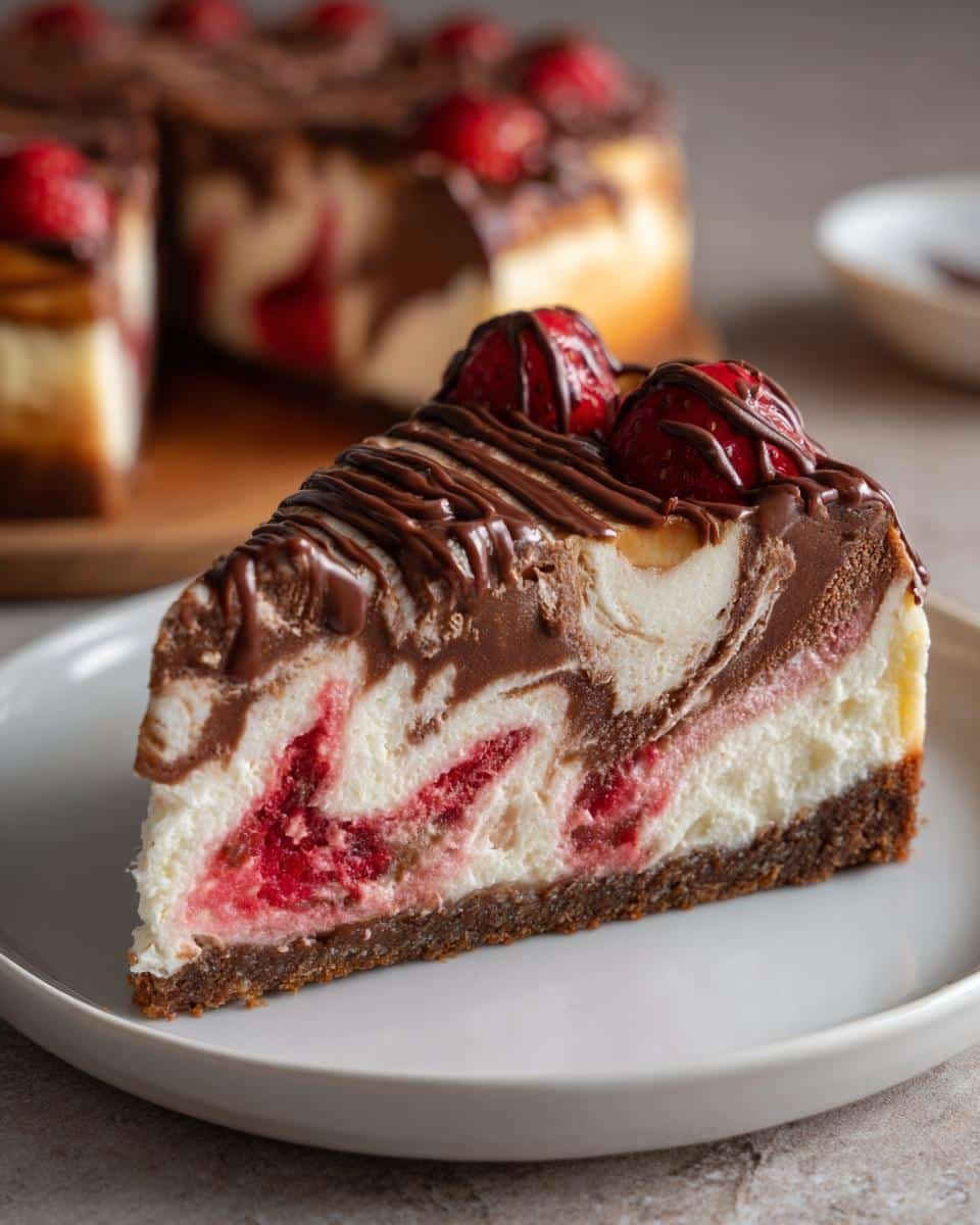 Chocolate Strawberry Swirl Cheesecake: Sinful Recipe 7 A slice of Chocolate Strawberry Swirl Cheesecake with chocolate drizzle and fresh strawberries on a white plate.