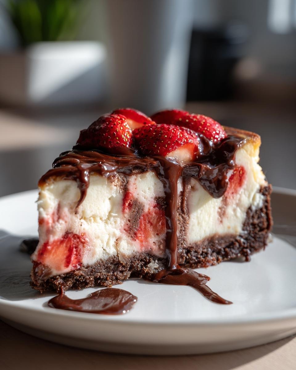 Chocolate Strawberry Swirl Cheesecake: Sinful Recipe 8 A decadent slice of Chocolate Strawberry Swirl Cheesecake topped with fresh strawberries and chocolate sauce.