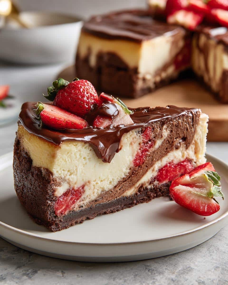 Chocolate Strawberry Swirl Cheesecake: Sinful Recipe 9 A slice of Chocolate Strawberry Swirl Cheesecake topped with chocolate ganache and fresh strawberries.