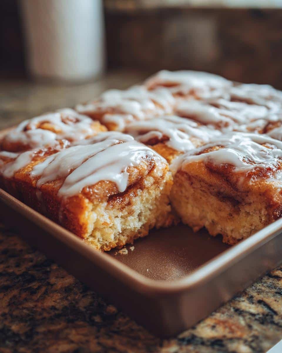 Easy Cinnamon Roll Bars: 25-Minute Treat Disaster 6 Close-up of Cinnamon Roll Bars in a baking pan, topped with white icing. One bar is partially removed.