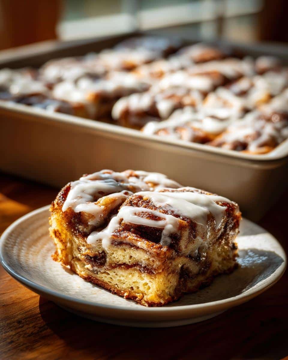 Easy Cinnamon Roll Bars: 25-Minute Treat Disaster 9 A single iced Cinnamon Roll Bar on a plate, with a pan of bars in the background.