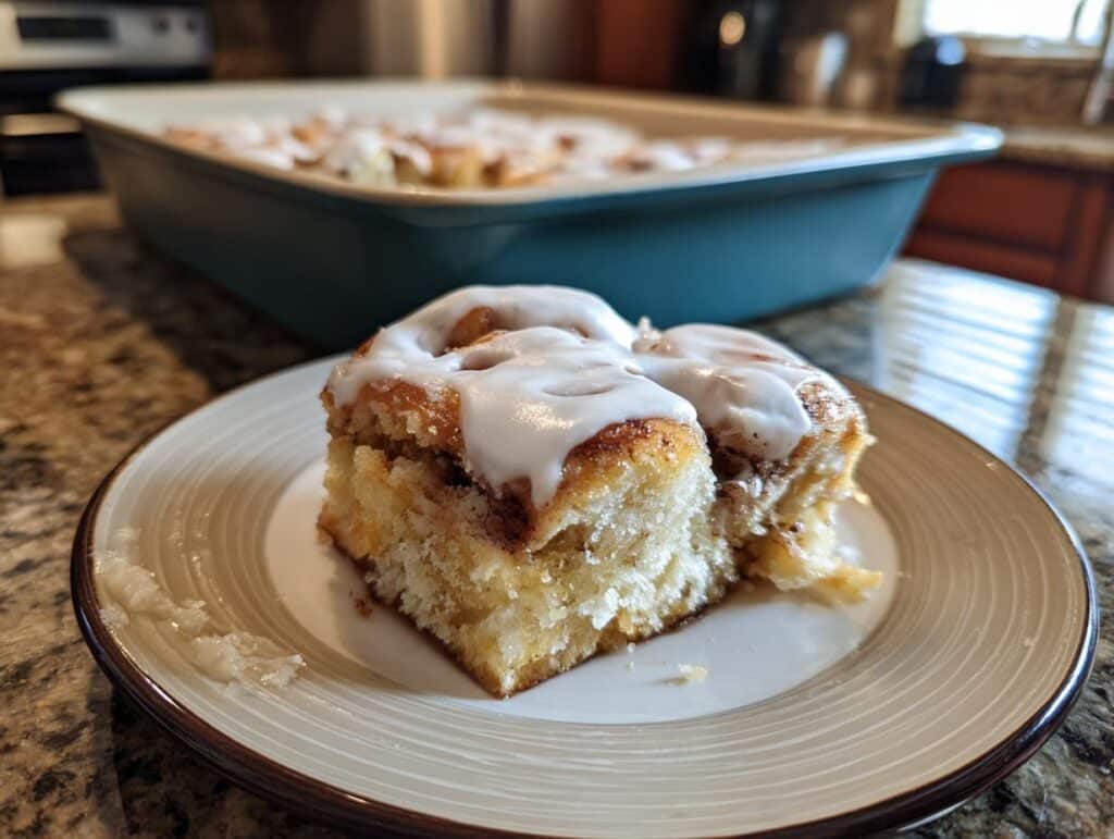 Two iced Cinnamon Roll Bars on a plate, with the rest of the bars in a baking pan in the background.