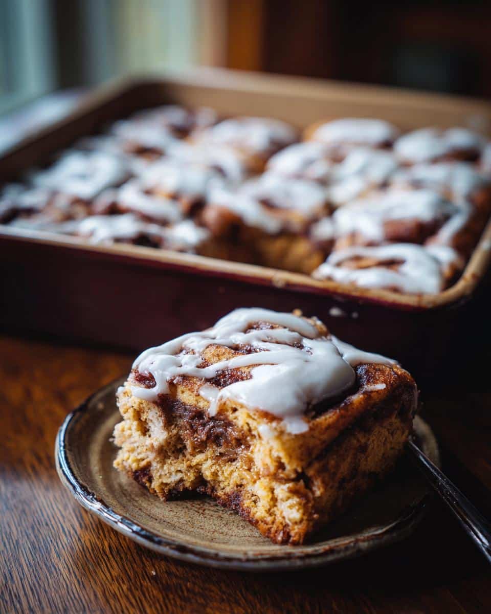 Easy Cinnamon Roll Bars: 25-Minute Treat Disaster 7 A single slice of Cinnamon Roll Bars with icing on a plate, with the rest of the bars in the background.