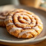 Close-up of a glazed Cinnamon Roll Sugar Cookie on a plate, showcasing its swirl design and texture.