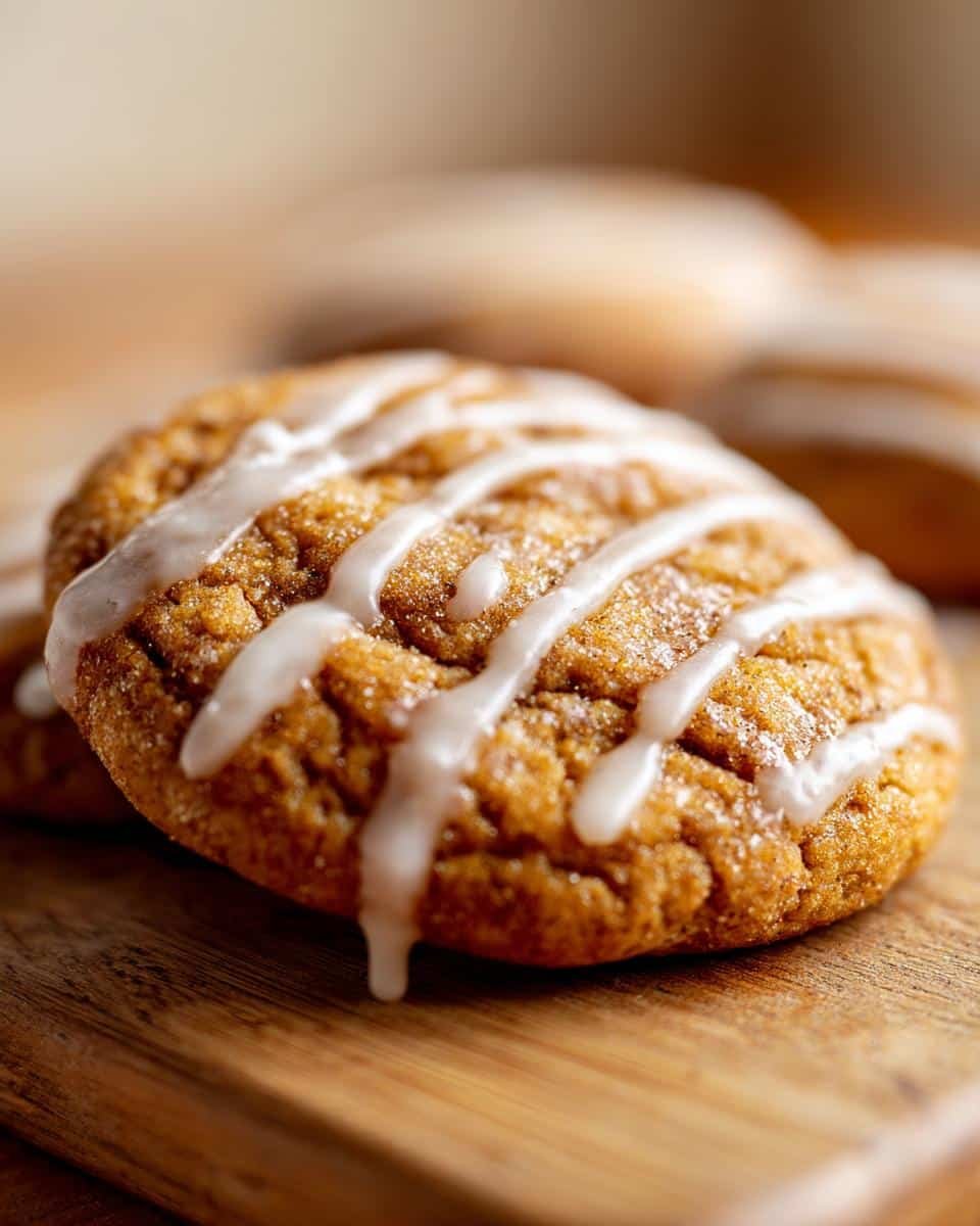 Cinnamon Roll Sugar Cookies: 1 Epic Baking Mishap 8 Close-up of Cinnamon Roll Sugar Cookies with white icing drizzle on a wooden board.