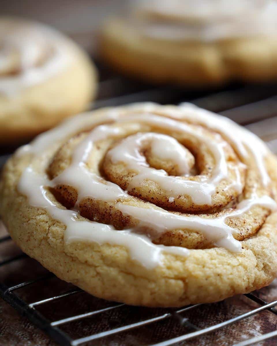 Cinnamon Roll Sugar Cookies: 1 Epic Baking Mishap 9 Close-up of a Cinnamon Roll Sugar Cookie with white icing on a wire rack.