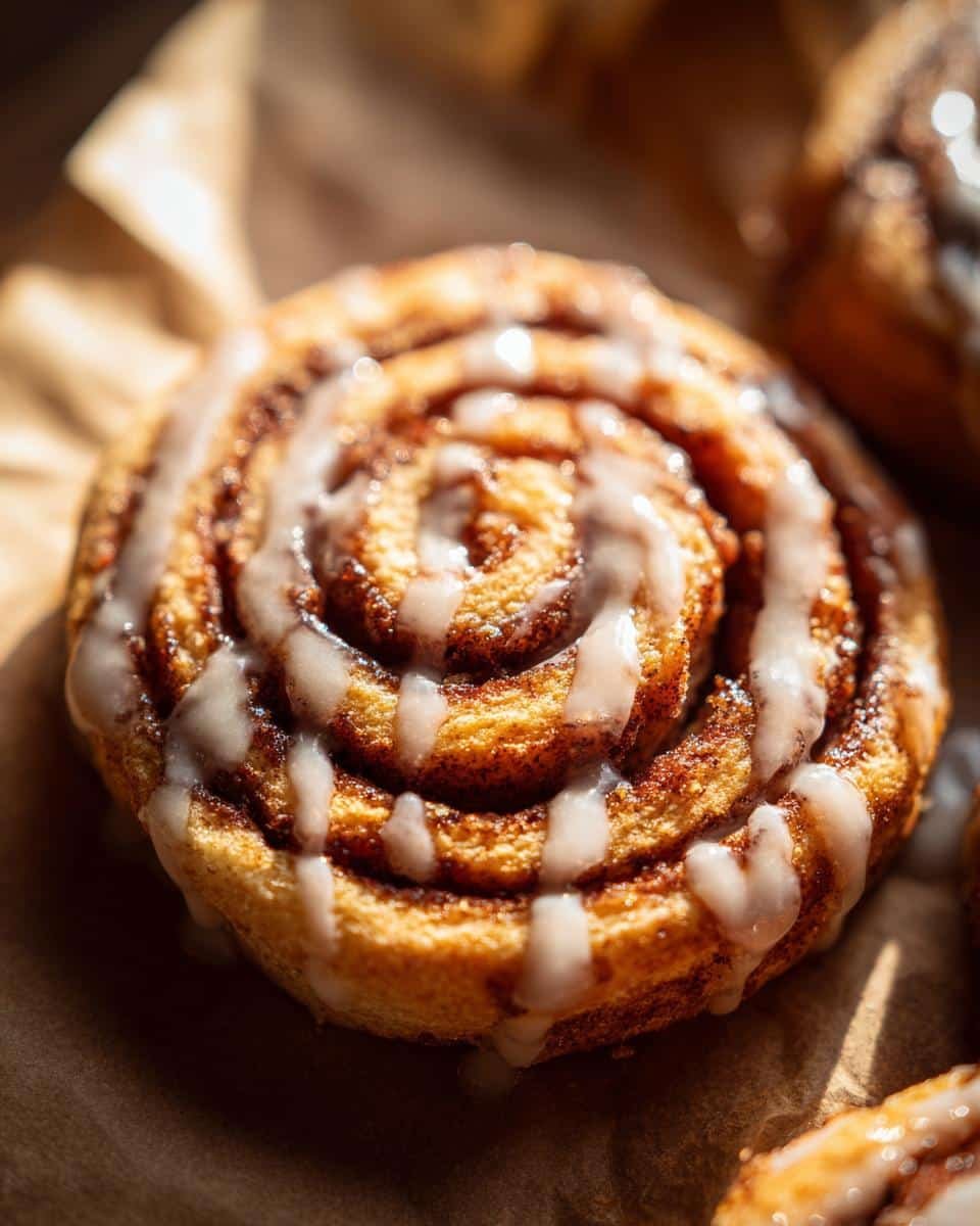 Cinnamon Roll Sugar Cookies: 1 Epic Baking Mishap 7 Close-up of a glazed Cinnamon Roll Sugar Cookie on parchment paper.