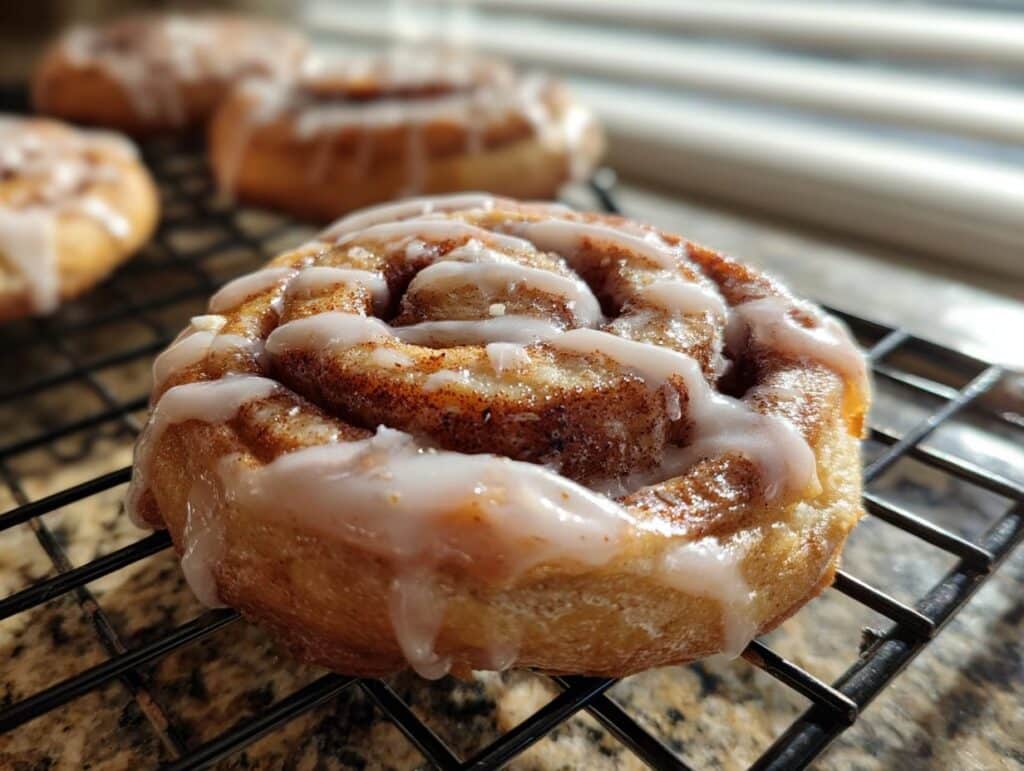 Close-up of a glazed Cinnamon Roll Sugar Cookie on a cooling rack, with more cookies blurred in the background.