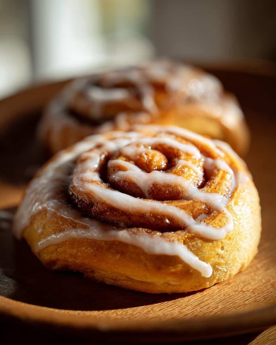 Cinnamon Roll Sugar Cookies: 1 Epic Baking Mishap 6 Close-up of two iced Cinnamon Roll Sugar Cookies on a wooden plate, showcasing the swirl and icing.