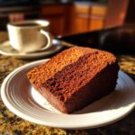A slice of moist Coca-Cola Chocolate Cake on a white plate, with a cup of coffee in the background.