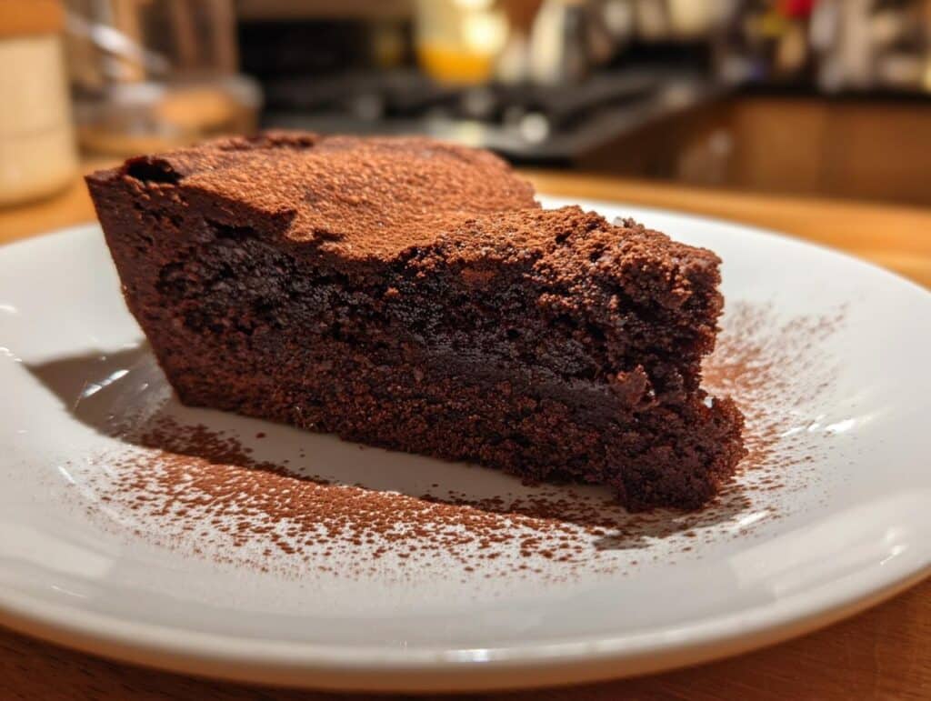 A slice of rich Coca-Cola Chocolate Cake on a white plate, dusted with cocoa powder.