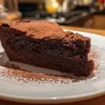 A slice of rich Coca-Cola Chocolate Cake on a white plate, dusted with cocoa powder.