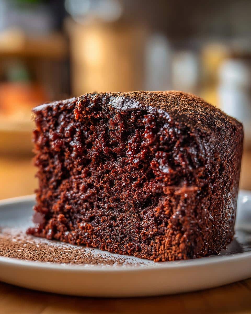 Unbelievably Moist Coca-Cola Chocolate Cake Recipe 6 A moist slice of Coca-Cola Chocolate Cake on a white plate, dusted with cocoa powder.