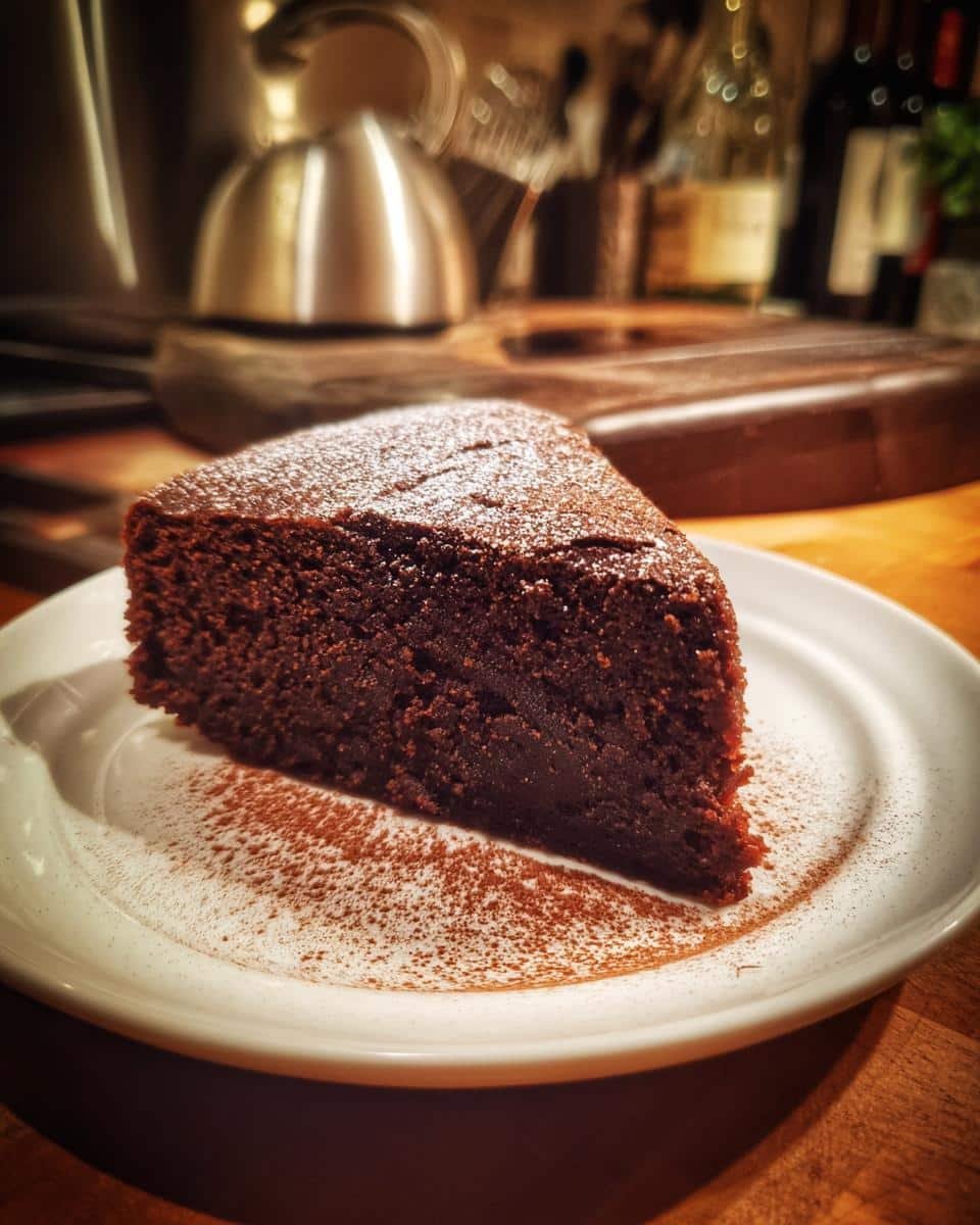 Unbelievably Moist Coca-Cola Chocolate Cake Recipe 7 A slice of Coca-Cola Chocolate Cake on a white plate, dusted with powdered sugar and cocoa powder.