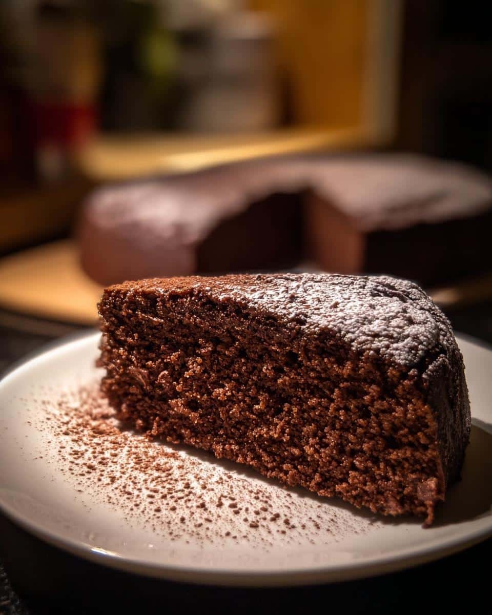 Unbelievably Moist Coca-Cola Chocolate Cake Recipe 8 A slice of Coca-Cola Chocolate Cake, dusted with powdered sugar, sits on a white plate.