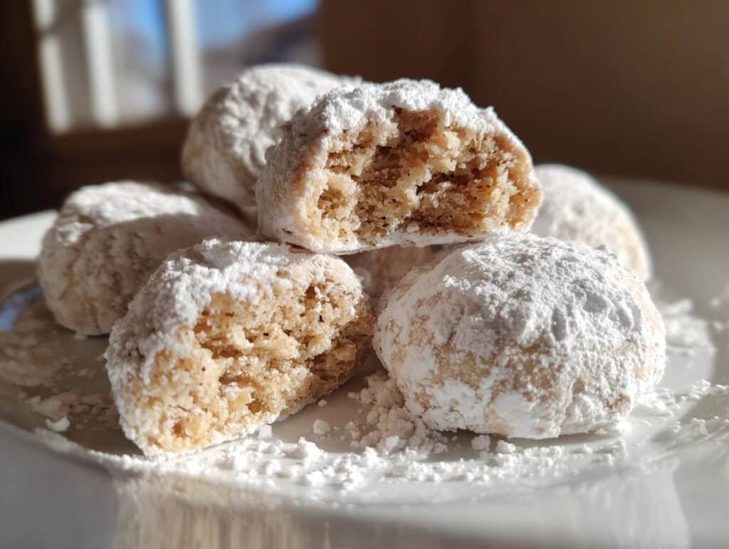 A pile of Condensed Milk Snowball Cookies, one broken in half, dusted with powdered sugar on a white plate.