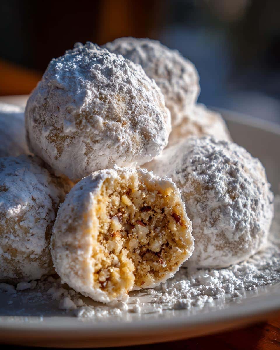 Foolproof Condensed Milk Snowball Cookies in 15 Mins 9 Close-up of Condensed Milk Snowball Cookies on a plate, one broken in half to show the inside texture.