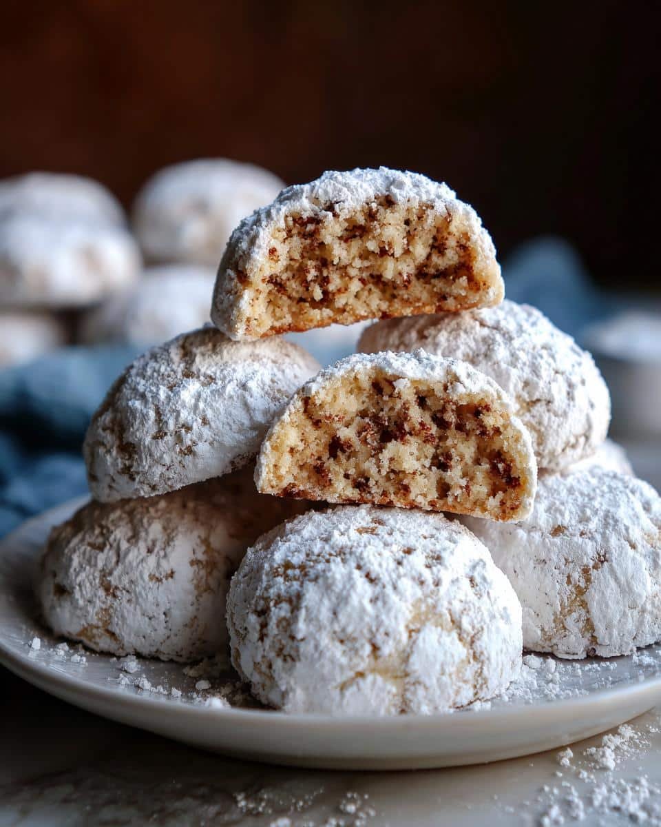 Foolproof Condensed Milk Snowball Cookies in 15 Mins 7 A stack of Condensed Milk Snowball Cookies on a plate, dusted with powdered sugar. Two cookies are halved to show interior.