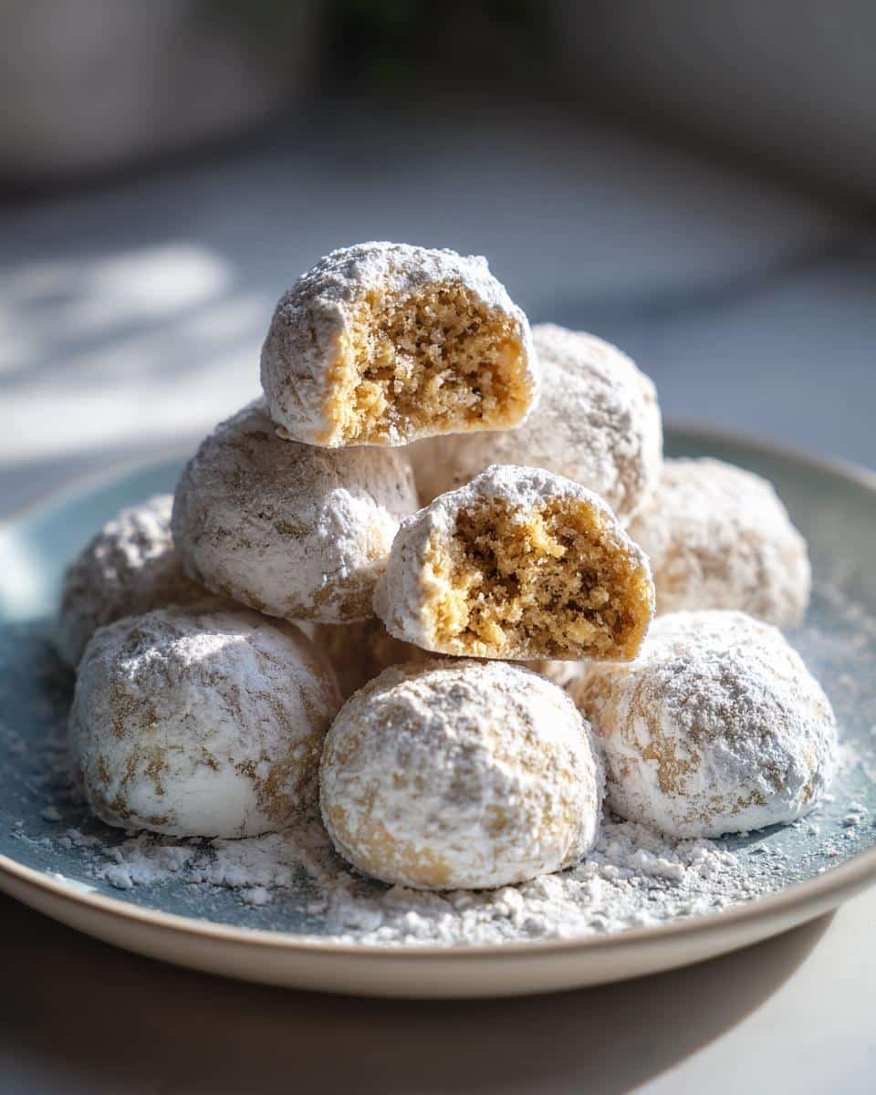 Foolproof Condensed Milk Snowball Cookies in 15 Mins 8 A stack of Condensed Milk Snowball Cookies on a blue plate, with one cookie broken in half.