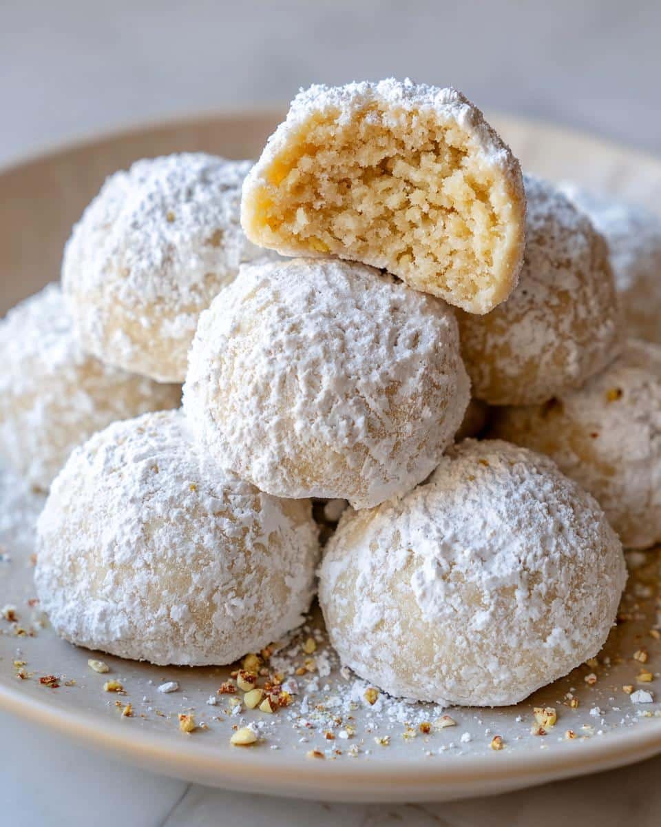 Foolproof Condensed Milk Snowball Cookies in 15 Mins 6 A stack of Condensed Milk Snowball Cookies, heavily dusted with powdered sugar, with one cookie broken in half.