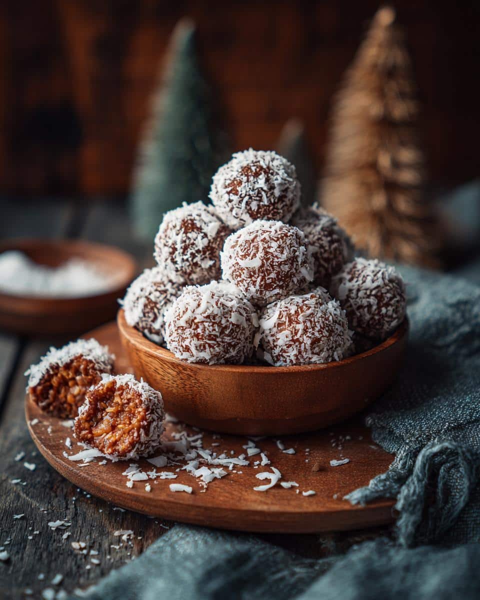 Irresistible Condensed Milk Snowballs: Only 4 Ingredients 7 A wooden bowl filled with Condensed Milk Snowballs covered in coconut flakes, with one cut in half.