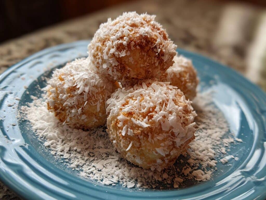 A stack of four Condensed Milk Snowballs coated in coconut flakes on a blue plate.