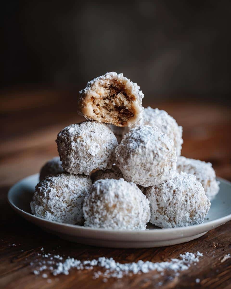 Irresistible Condensed Milk Snowballs: Only 4 Ingredients 9 A stack of Condensed Milk Snowballs on a plate, one cut in half to show the inside.