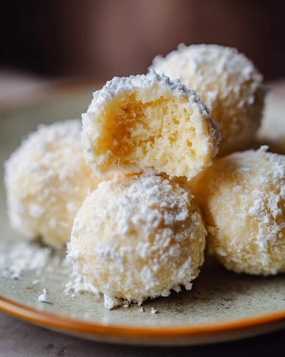 Irresistible Condensed Milk Snowballs: Only 4 Ingredients 8 A stack of Condensed Milk Snowballs, one with a bite taken out, revealing the inside texture.