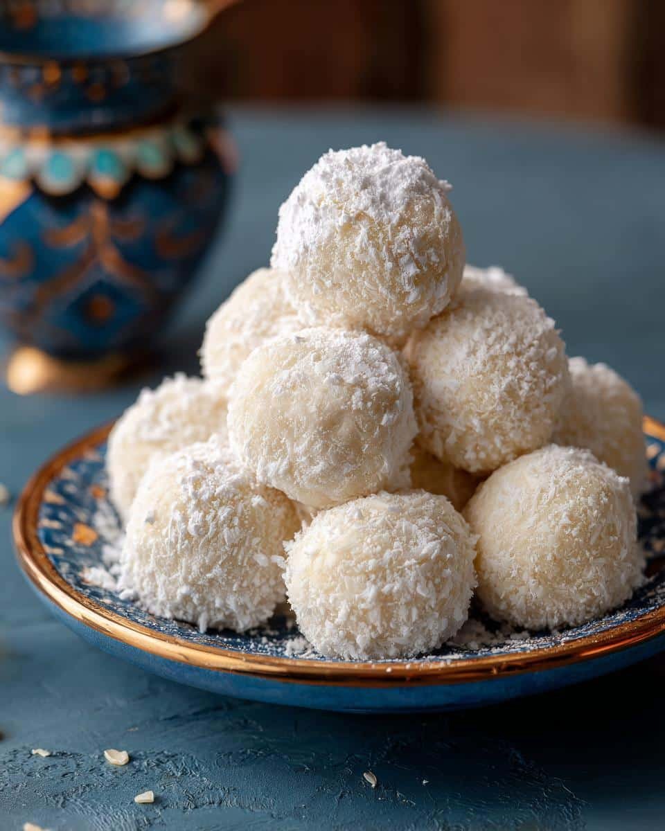 Irresistible Condensed Milk Snowballs: Only 4 Ingredients 6 Pile of homemade Condensed Milk Snowballs coated in coconut flakes and powdered sugar on a blue decorative plate.