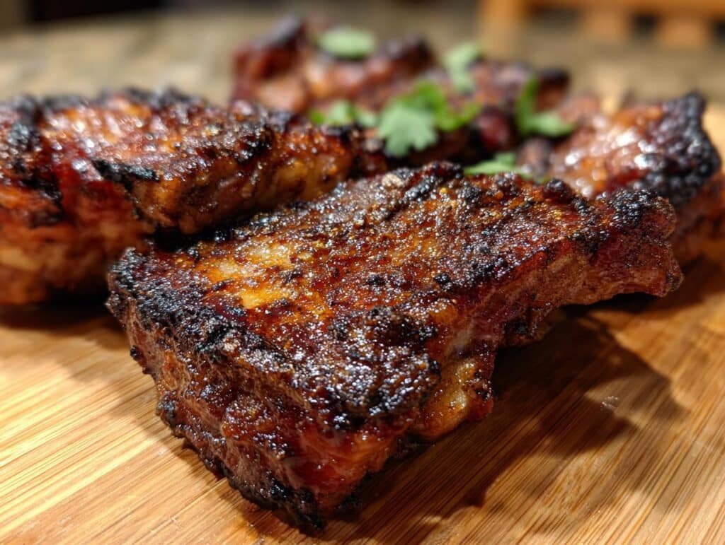 Close-up of perfectly cooked chicken thigh recipes on a wooden board, garnished with fresh herbs.