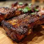 Close-up of perfectly cooked chicken thigh recipes on a wooden board, garnished with fresh herbs.