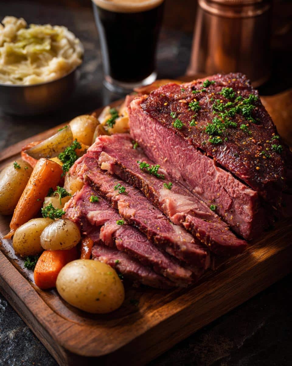 Corn Beef and Cabbage Recipe: Unbelievably Tender 7 Sliced corn beef and cabbage recipe served on a wooden platter with potatoes and carrots.