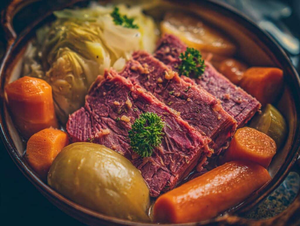 Close-up of a serving of Corn beef and cabbage recipe with sliced corned beef, cabbage, carrots, and potatoes.