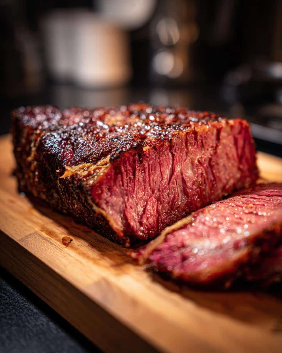 Corn Beef and Cabbage Recipe: Unbelievably Tender 9 A perfectly cooked piece of corn beef, sliced on a wooden board, ready for a corn beef and cabbage recipe.