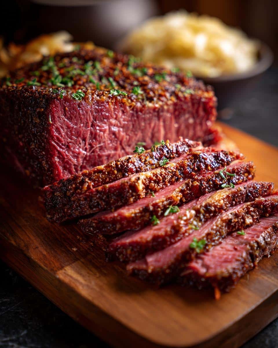 Corn Beef and Cabbage Recipe: Unbelievably Tender 6 Sliced corn beef and cabbage recipe on a wooden board, garnished with herbs, with cabbage in the background.