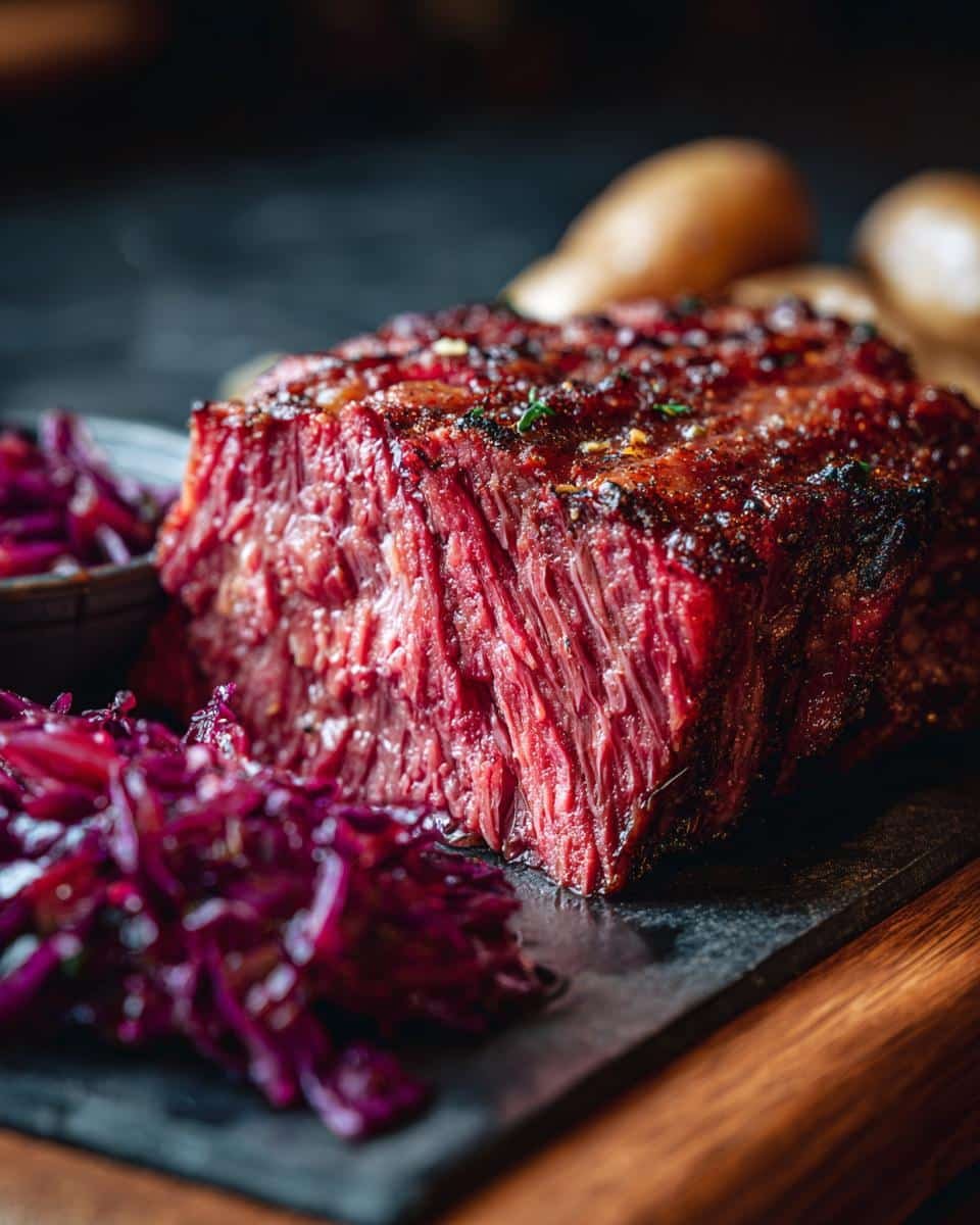 Corn Beef and Cabbage Recipe: Unbelievably Tender 8 Close-up of tender corn beef and cabbage recipe with red cabbage and potatoes.