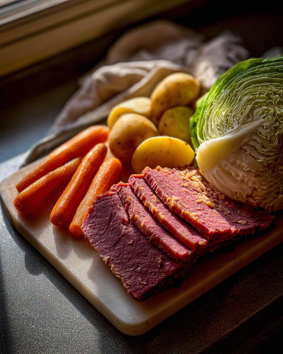 Corned Beef and Cabbage: Avoid 4 Dreadful Mistakes 7 Ingredients for corned beef and cabbage: sliced corned beef, cabbage head, carrots, and potatoes on a cutting board.
