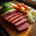 Slices of corned beef and cabbage served with carrots and potatoes on a wooden cutting board.