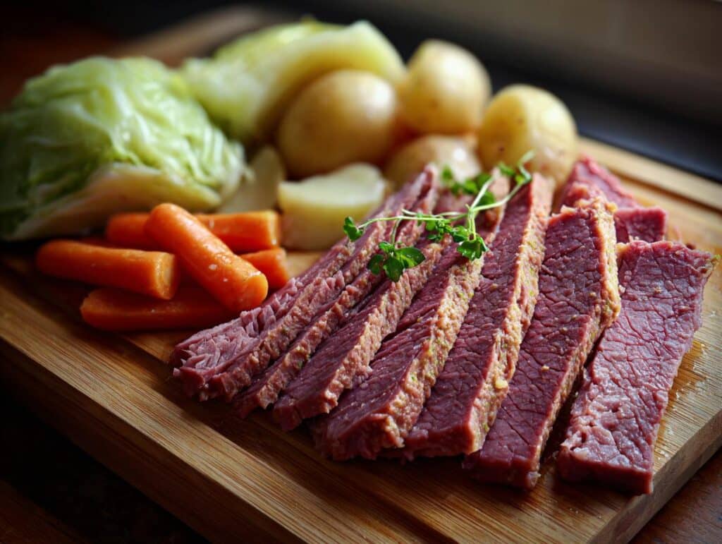 Slices of corned beef and cabbage served with carrots and potatoes on a wooden cutting board.