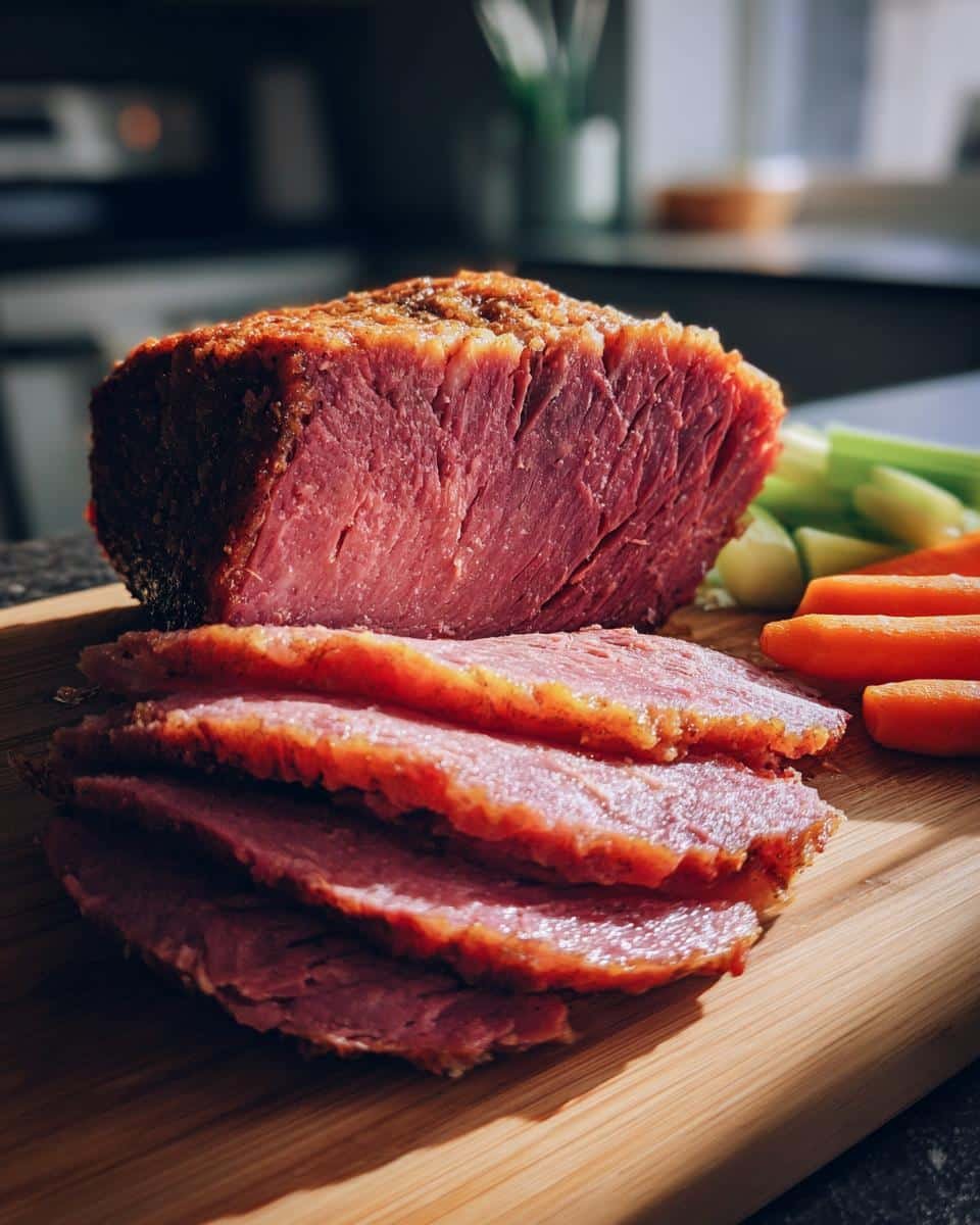 Corned Beef Recipes Slow Cooker: 8-Hour Tender Feast 7 Sliced corned beef recipes slow cooker style, served with carrots and celery on a wooden board.